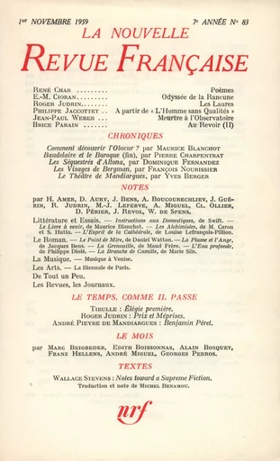 La Nouvelle Revue Française N' 83 (Novembre 1959) - André Gide - Editions Gallimard - Revues NRF