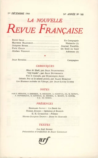 La Nouvelle Revue Française N' 168 (Décembre 1966) -  Collectifs - Editions Gallimard - Revues NRF