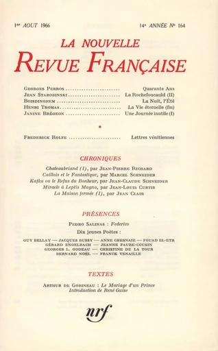 La Nouvelle Revue Française N' 164 (Aoűt 1966) -  Collectifs - Editions Gallimard - Revues NRF