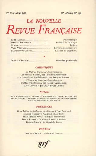 La Nouvelle Revue Française N' 166 (Octobre 1966) -  Collectifs - Editions Gallimard - Revues NRF