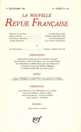 La Nouvelle Revue Française N' 165 (Septembre 1966) -  Collectifs - Editions Gallimard - Revues NRF