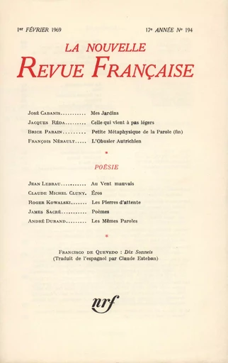 La Nouvelle Revue Française n° 194 (Février 1969) -  Collectifs - Editions Gallimard - Revues NRF