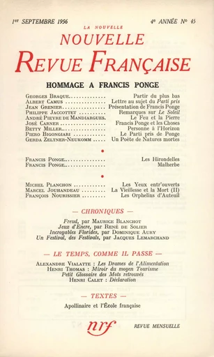 Hommage ŕ Francis Ponge N' 45 (Septembre 1956) -  Collectifs - Editions Gallimard - Revues NRF