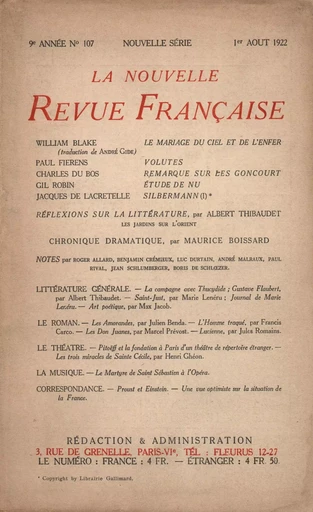 La Nouvelle Revue Française N° 107 (Août 1922) - André Gide - Editions Gallimard - Revues NRF