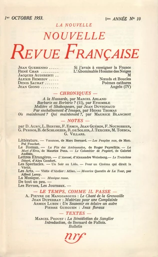 La Nouvelle Nouvelle Revue Française N' 10 (Octobre 1953) -  Collectifs - Editions Gallimard - Revues NRF