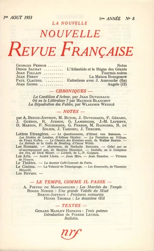 La Nouvelle Nouvelle Revue Française N' 8 (Aoűt 1953) -  Collectifs - Editions Gallimard - Revues NRF