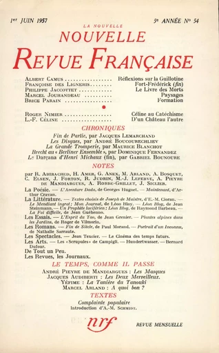 La Nouvelle Nouvelle Revue Française N' 54 (Juin 1957) -  Collectifs - Editions Gallimard - Revues NRF