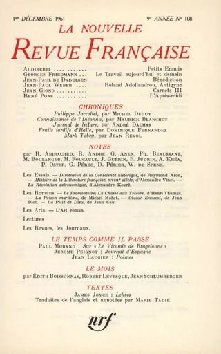 La Nouvelle Revue Française N' 108 (Décembre 1961) -  Collectifs - Editions Gallimard - Revues NRF