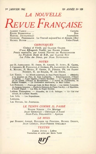 La Nouvelle Revue Française N' 109 (Janvier 1962) - André Gide - Editions Gallimard - Revues NRF