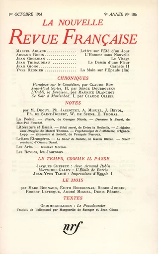 La Nouvelle Revue Française N' 106 (Octobre 1961) - André Gide - Editions Gallimard - Revues NRF