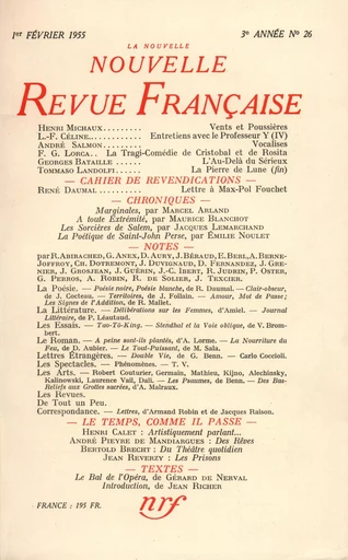 La Nouvelle Nouvelle Revue Française N' 26 (Février 1955) -  Collectifs - Editions Gallimard - Revues NRF