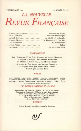 La Nouvelle Revue Française N' 143 (Novembre 1964) -  Collectifs - Editions Gallimard - Revues NRF