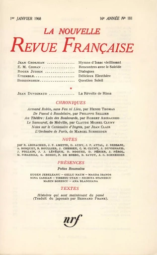 La Nouvelle Revue Française N' 181 (Janvier 1968) - André Gide - Editions Gallimard - Revues NRF