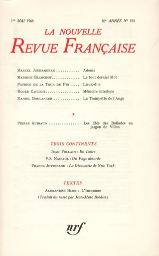 La Nouvelle Revue Française N' 185 (Mai 1968) -  Collectifs - Editions Gallimard - Revues NRF