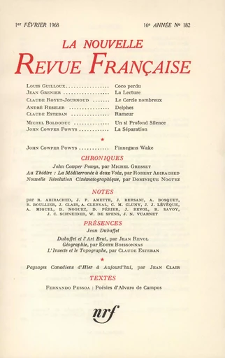 La Nouvelle Revue Française N' 182 (Février 1968) -  Collectifs - Editions Gallimard - Revues NRF