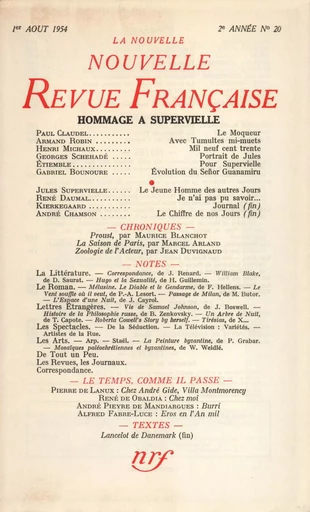 La Nouvelle Nouvelle Revue Française N' 20 (Aoűt 1954) - André Gide - Editions Gallimard - Revues NRF