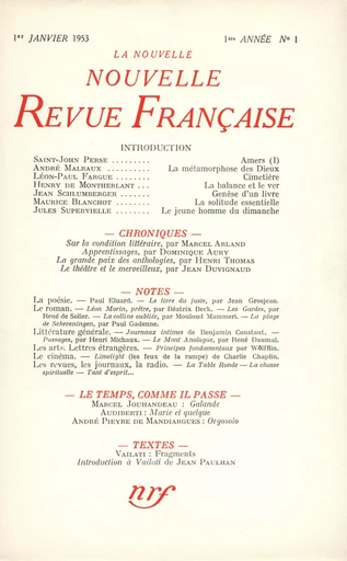 La Nouvelle Nouvelle Revue Française N' 1 (Janvier 1953) - André Gide - Editions Gallimard - Revues NRF