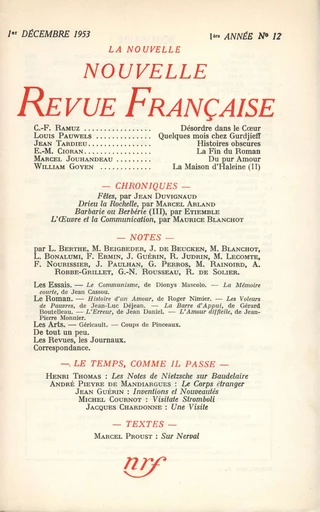 La Nouvelle Nouvelle Revue Française N' 12 (Décembre 1953) - André Gide - Editions Gallimard - Revues NRF