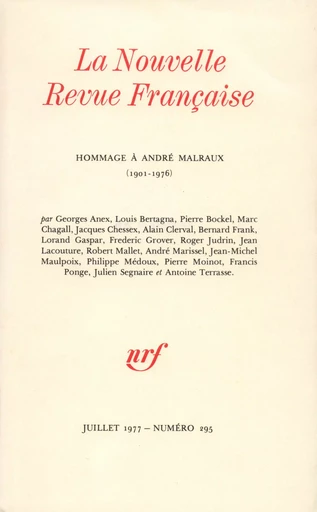 Hommage à André Malraux N° 295 -  Collectifs - Editions Gallimard - Revues NRF