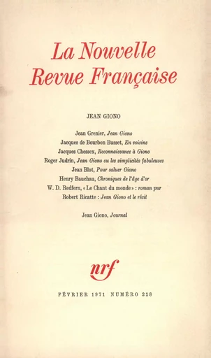 Jean Giono N° 218 - André Gide - Editions Gallimard - Revues NRF