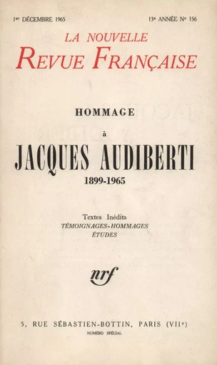 Hommage ŕ Jacques Audiberti N' 156 (Décembre 1965) - André Gide - Editions Gallimard - Revues NRF