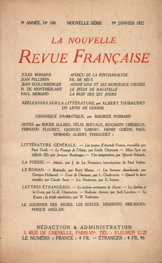 La Nouvelle Revue Française N° 100 (Janvier 1922) -  Collectifs - Editions Gallimard - Revues NRF