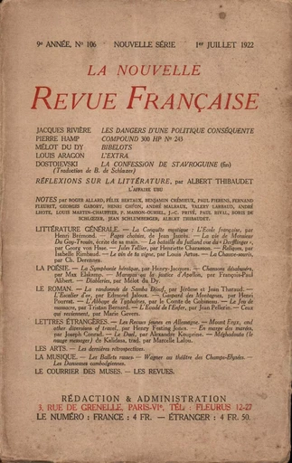 La Nouvelle Revue Française N° 106 (Juillet 1922) -  Collectifs - Editions Gallimard - Revues NRF