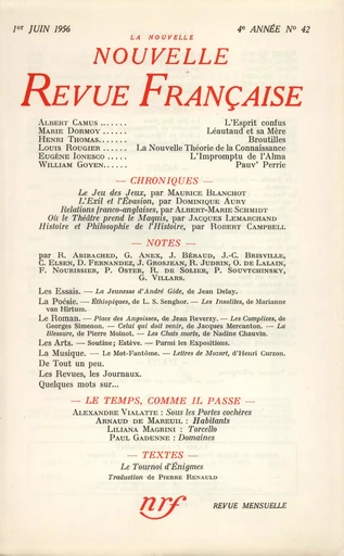 La Nouvelle Nouvelle Revue Française N' 42 (Juin 1956) - André Gide - Editions Gallimard - Revues NRF