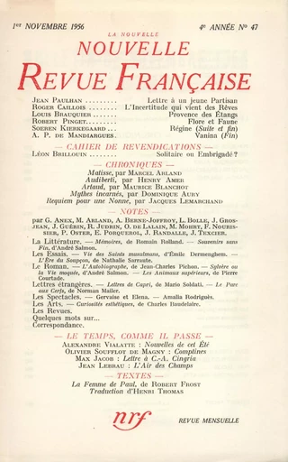 La Nouvelle Nouvelle Revue Française N' 47 (Novembre 1956) -  Collectifs - Editions Gallimard - Revues NRF