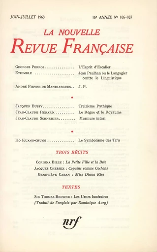 La Nouvelle Revue Française N' 186 (Juillet 1968) - André Gide - Editions Gallimard - Revues NRF