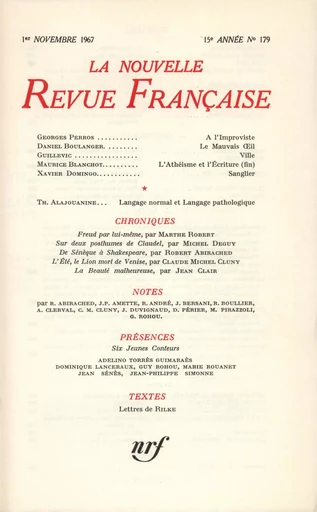 La Nouvelle Revue Française N' 179 (Novembre 1967) -  Collectifs - Editions Gallimard - Revues NRF