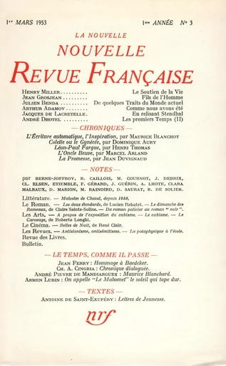 La Nouvelle Nouvelle Revue Française N' 3 (Mars 1953) -  Collectifs - Editions Gallimard - Revues NRF