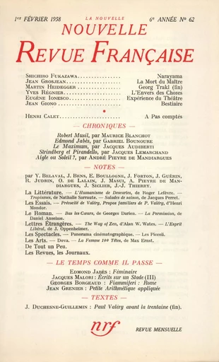 La Nouvelle Nouvelle Revue Française N' 62 (Février 1958) -  Collectifs - Editions Gallimard - Revues NRF