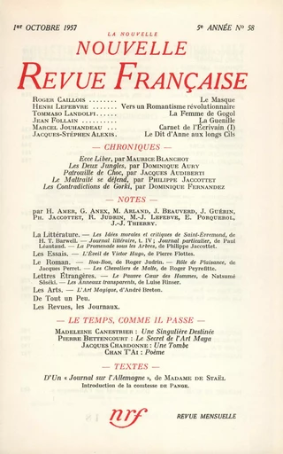 La Nouvelle Nouvelle Revue Française N' 58 (Octobre 1957) -  Collectifs - Editions Gallimard - Revues NRF