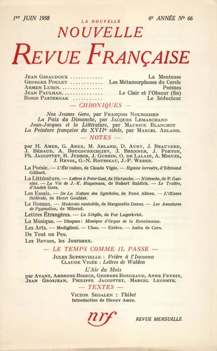 La Nouvelle Nouvelle Revue Française N' 66 (Juin 1958) - André Gide - Editions Gallimard - Revues NRF