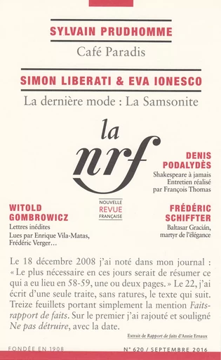 La Nouvelle Revue Française N° 620 (Septembre 2016) -  Collectifs - Editions Gallimard - Revues NRF