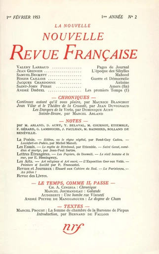 La Nouvelle Nouvelle Revue Française N' 2 (Février 1953) -  Collectifs - Editions Gallimard - Revues NRF