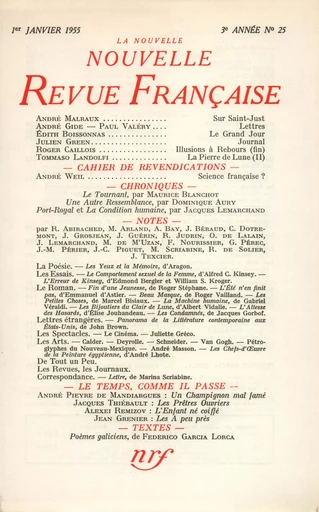 La Nouvelle Nouvelle Revue Française N' 25 (Janvier 1955) -  Collectifs - Editions Gallimard - Revues NRF