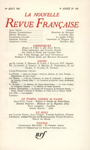 La Nouvelle Revue Française N' 104 (Aoűt 1961) -  Collectifs - Editions Gallimard - Revues NRF