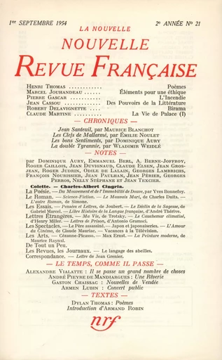 La Nouvelle Nouvelle Revue Française N' 21 (Septembre 1954) -  Collectifs - Editions Gallimard - Revues NRF