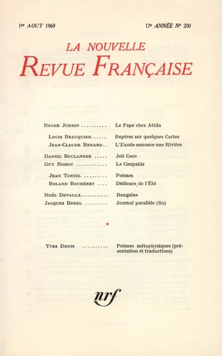 La Nouvelle Revue Française n° 200 (Août 1969) -  Collectifs - Editions Gallimard - Revues NRF