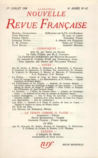 La Nouvelle Nouvelle Revue Française N' 67 (Juillet 1958) - André Gide - Editions Gallimard - Revues NRF