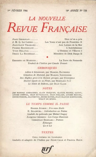 La Nouvelle Revue Française N' 158 (Février 1966) -  Collectifs - Editions Gallimard - Revues NRF