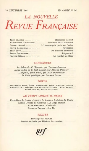 La Nouvelle Revue Française N' 141 (Septembre 1964) -  Collectifs - Editions Gallimard - Revues NRF