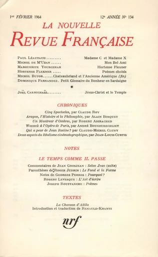 La Nouvelle Revue Française N' 134 (Février 1964) -  Collectifs - Editions Gallimard - Revues NRF