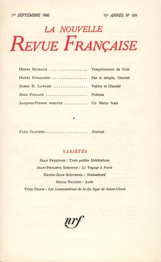 La Nouvelle Revue Française N' 189 (Septembre 1968) - André Gide - Editions Gallimard - Revues NRF