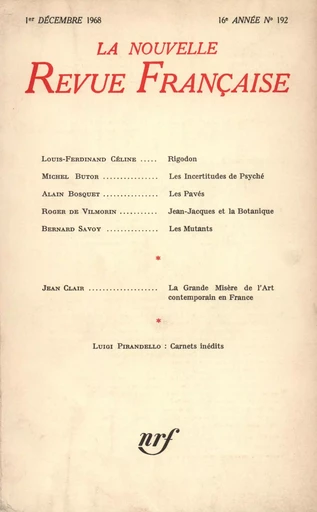 La Nouvelle Revue Française N' 192 (Décembre 1968) -  Collectifs - Editions Gallimard - Revues NRF