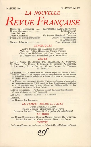 La Nouvelle Revue Française N' 100 (Avril 1961) -  Collectifs - Editions Gallimard - Revues NRF