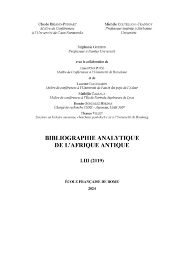 Bibliographie analytique de l’Afrique antique LIII (2019) - Claude Briand-Ponsart, Michèle Coltelloni-Trannoy, Stéphanie Guédon, Lluís Pons Pujol, Laurent Callegarin, Hernán González Bordas, Thomas Villey - Publications de l’École française de Rome